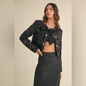 86B. Sequin Tweed Bow Trim Jacket - Black